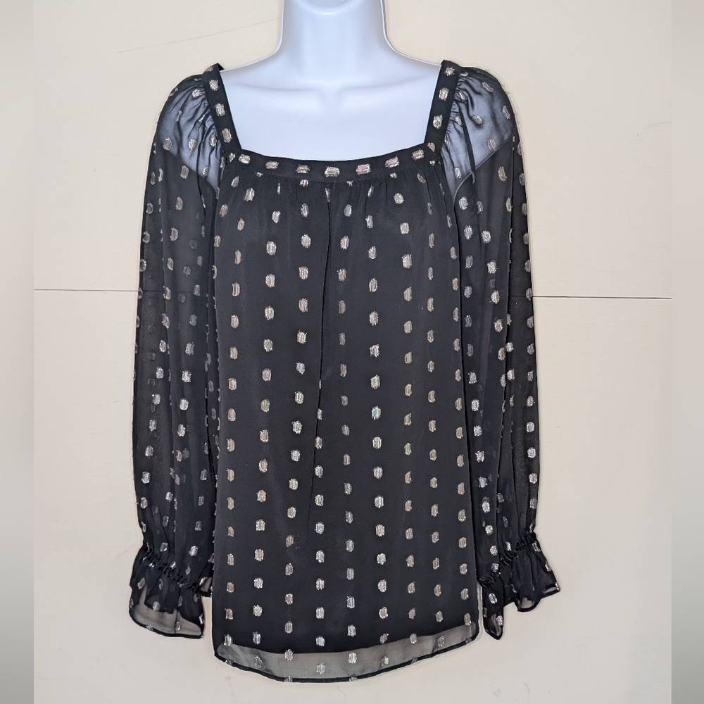 Talbots Blouse Square Neckline Black with Silver Dot Pattern